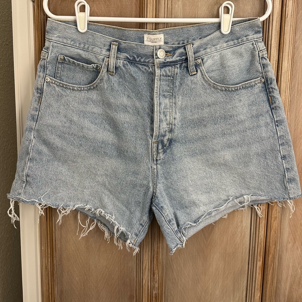 Z Supply High Rise Light Blue Frayed Hem Jean Shorts
